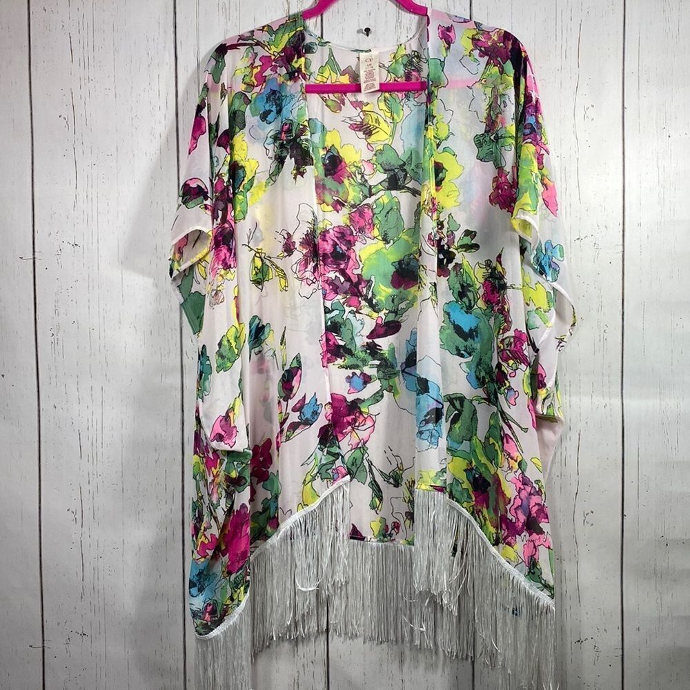 OP Floral Fringe Kimono Cover Up White Pink Boho Festival Size L/XL Beachy Flowy